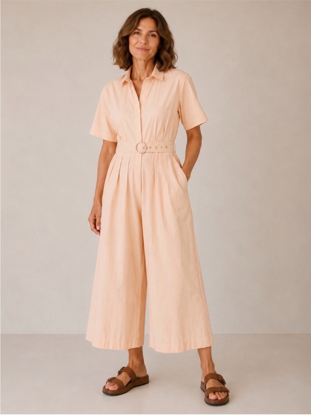 Ritu Kumar Basics Light Beige Cotton Wide Leg Short-Sleeve Belted Jumpsuit
